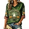 Women's V-Neck Halloween Print T-Shirt Casual Short Sleeve Top for Holiday Party