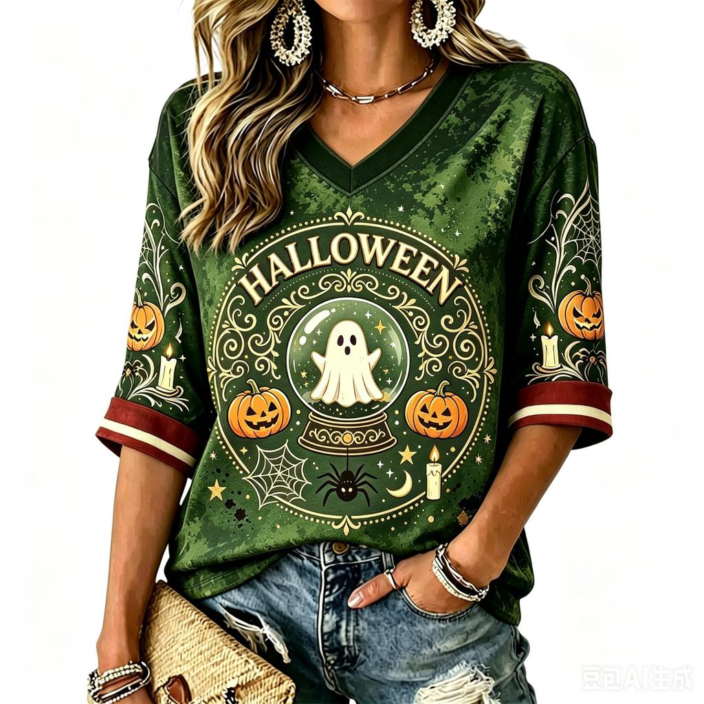 Women's V-Neck Halloween Print T-Shirt Casual Short Sleeve Top for Holiday Party