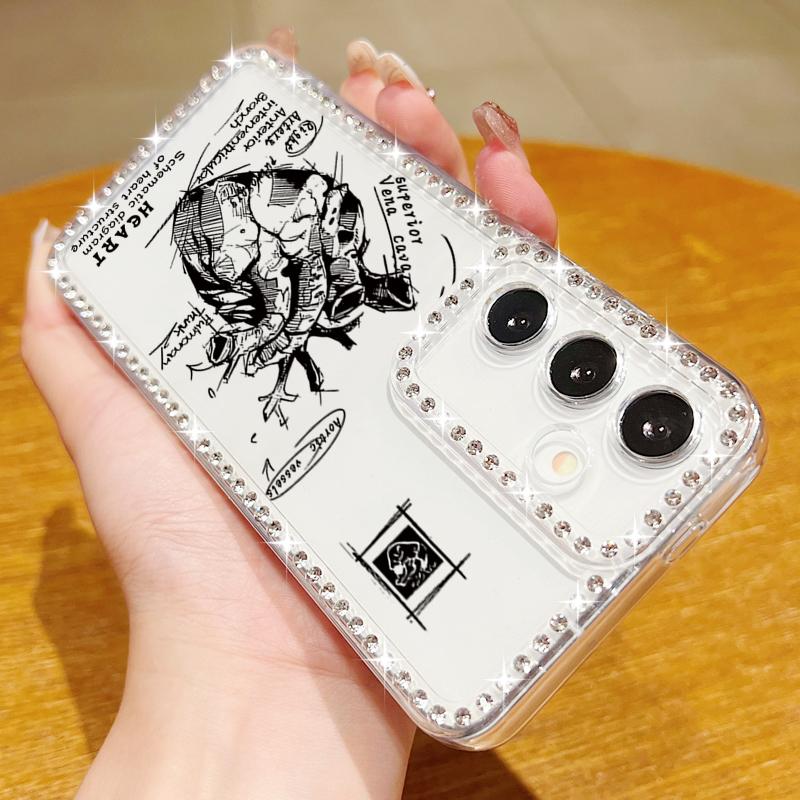 Heart Print Soft Silicone Phone Case For Samsung S25 Edge S24 FE S23 Ultra S22 A16 A56 A36 A15 A55 A35 Diamond Frame Clear Shockproof Cover
