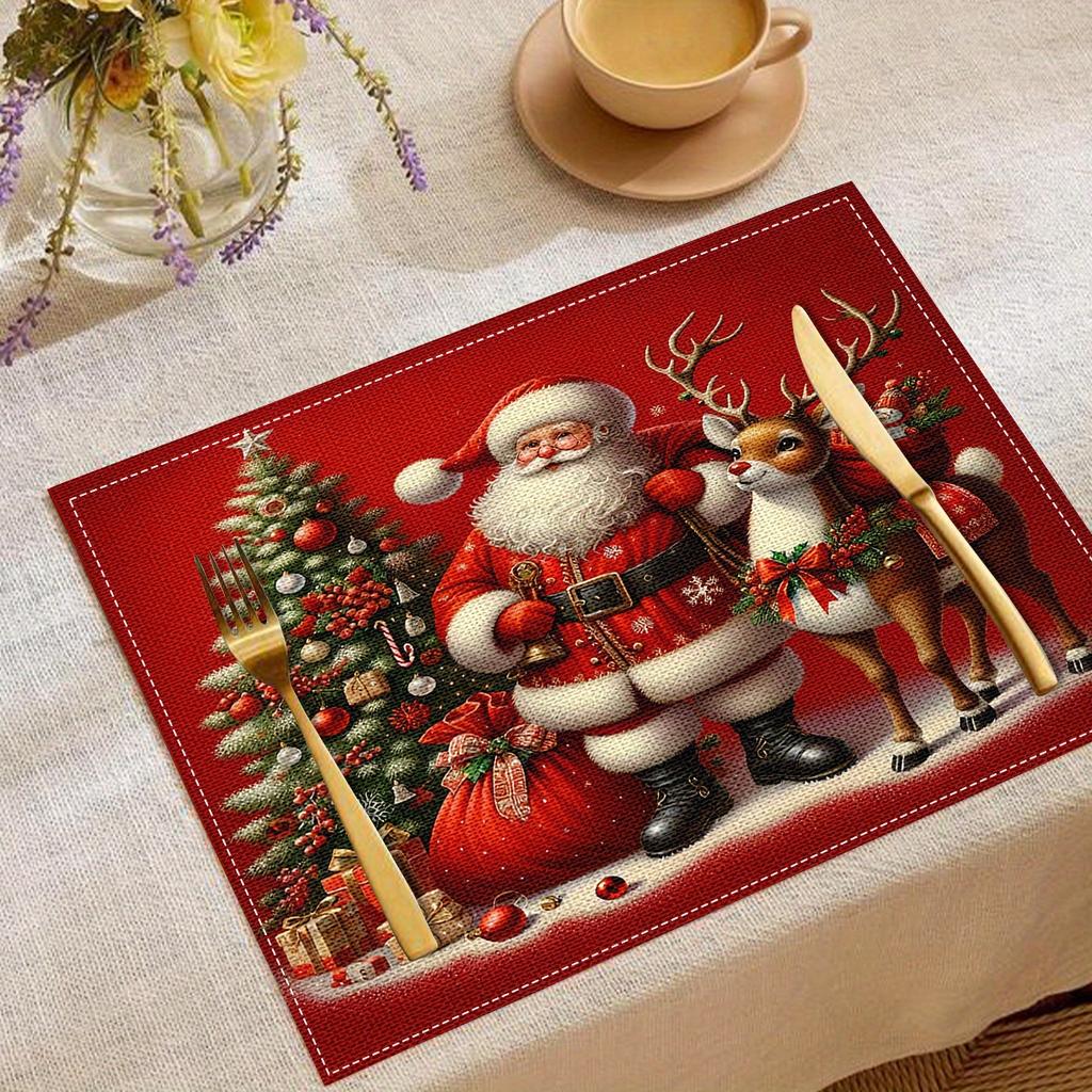 4-Piece Santa's Reindeer Placemats Easy-Clean Christmas Dinner Family Gatherings & Holiday Parties Table Decor