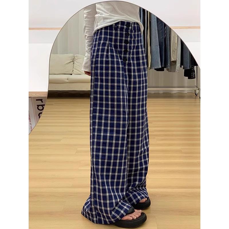 

Женские ретро синие клетчатые брюки с высокой талией и широкими штанинами - Лето 2025 3XL