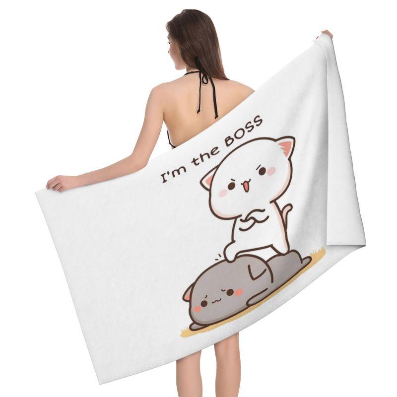 

Cute Peach And Goma Microfiber Bath Towel Cartoon Mochi Cat Super Absorbent Beach Towel for Travel Swimming Gym Outdoor Sports W30*H60(CM)