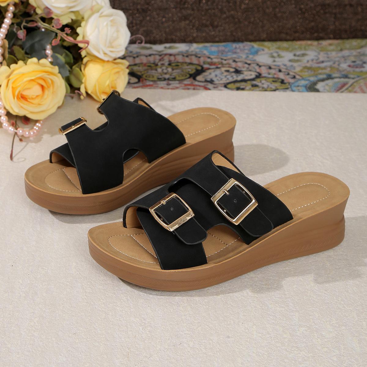 Retro flat-bottomed belt buckle one-word slippers summer wear 22 new fairy wind beach cool slippers 36