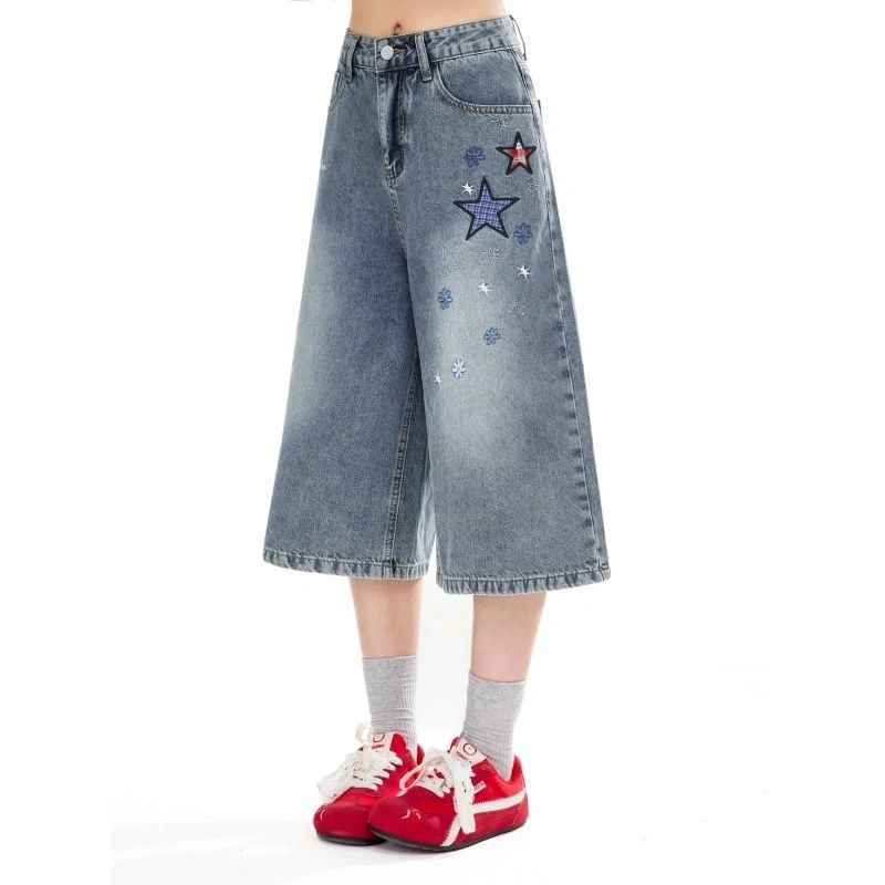Women's Cropped Jeans Embroidered Loose Straight Wide Leg Shorts Pants Summer Clothing Y2k