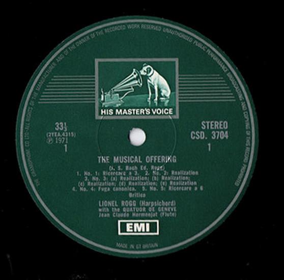 

LP Пластинка ЛАЙОНЕЛ РОГГ КВАРТЕТ ДЕ ЖЕНЕВ JEA Иоганн Себастьян Бах Музыкальное приношение CSD3704 HIS MASTERS V 1971 Великобритания Классика Б/У
