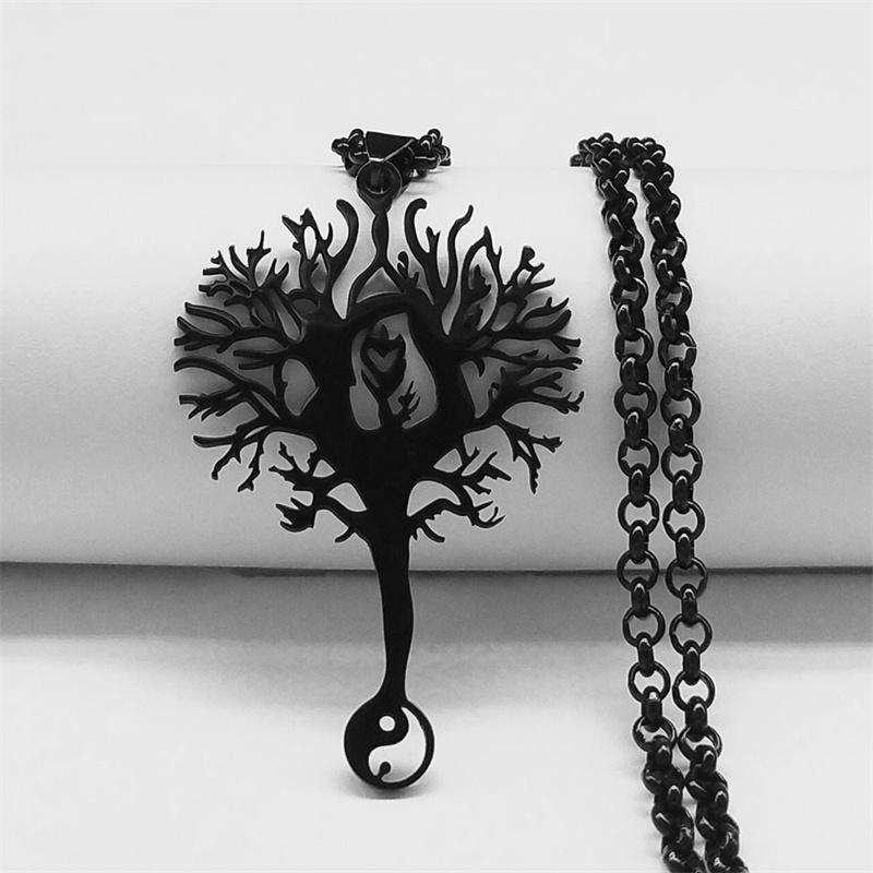 Tree of Life Stainless Steel Long Necklace for Men Black Color Necklaces & Pendants Jewelry cadenas para hombre N834S03
