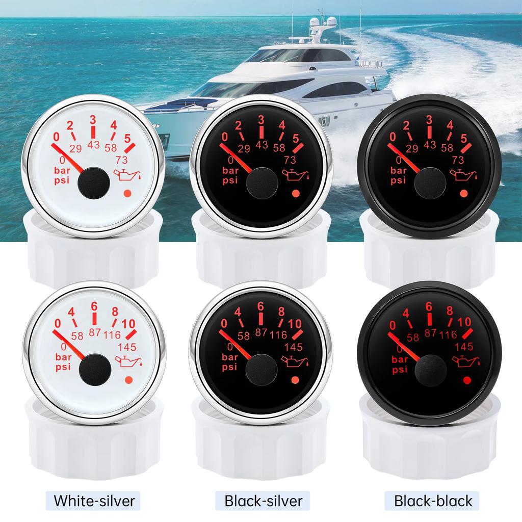 2" 52MM Oil Pressure Gauge 0~10bar/0~145psi Waterproof Oil Press Gauge+ Sensor with Red Backlight for Car Boat Marine 9-32V
