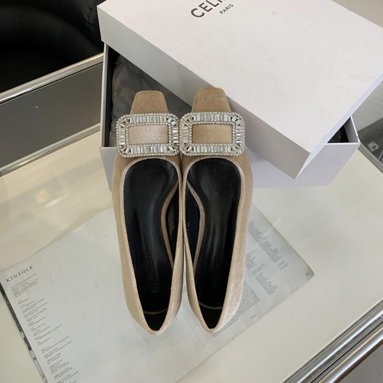 

Spring and Autumn Small Square Head Thick Heel Rhinestone Women s Versatile Middle Heel Shallow Mouth Lazy Single Shoes Women s Shoes 39 абрикосовый