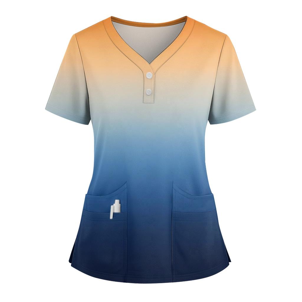 Women's Loose Short Sleeved Fashionable Square Printing V-neck Buttonable Side Slit Top T-shirt