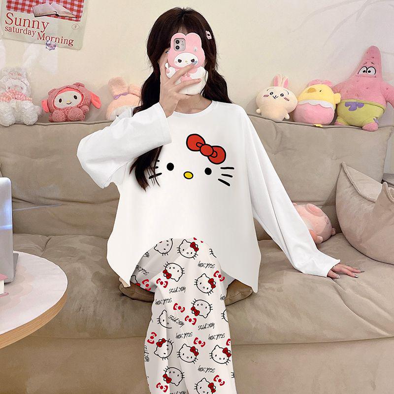 Women's Pure Cotton Cartoon Pajamas, Long Sleeve Spring/Autumn Set, Casual Loose Fit for Home or Outside Wear, Winter Ready