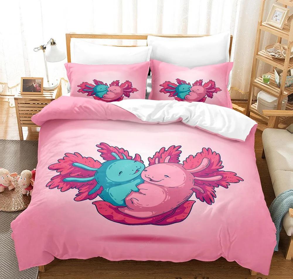 Kawaii Djur Axolotl Tryck Sängkläder Set Enkelt Twin Full Queen King Size Sängset Aldult Barn Sovrum Påslakanset 3D Anime
