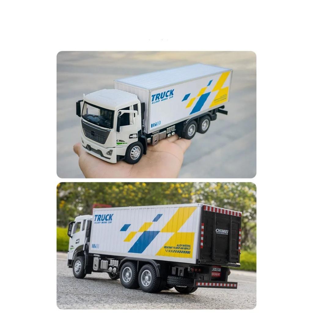 1/32 Scale Container Truck Model Car Toy Pull Back Music Light Metal Diecast Doors Opened Vehicles Toys for Kid Gift
