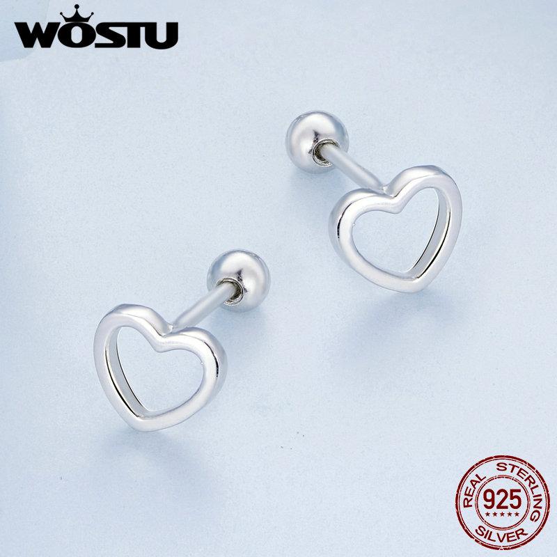 WOSTU 925 Sterling Silver Simple Hollow Heart Earrings For Women European Minimalism Ear Cuff Studs Piercing Drop Dangle Earring