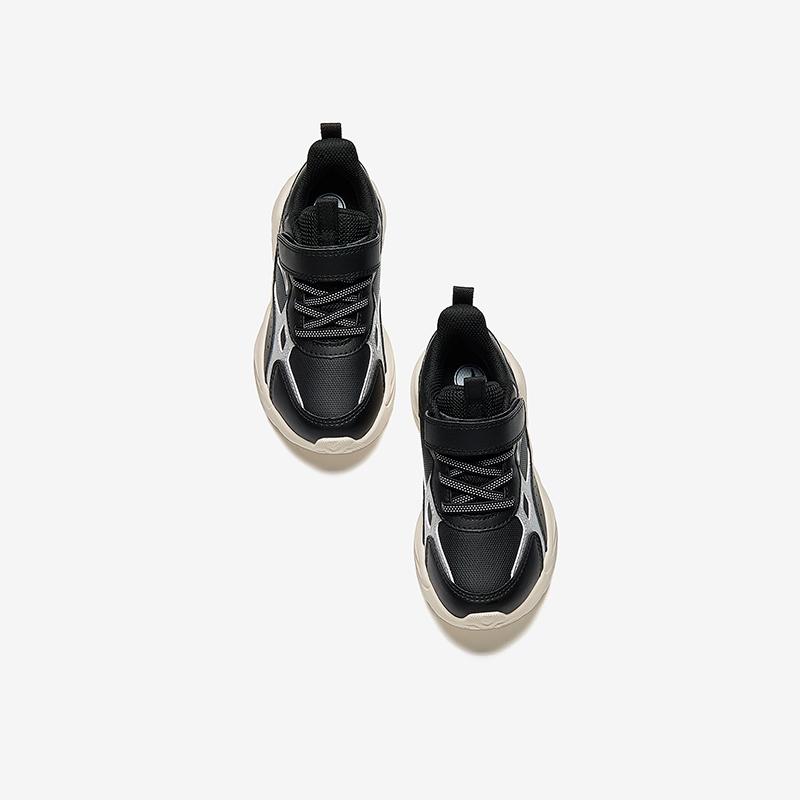 Anta Kids Synthetic Leather Fabric Trendy Versatile Lightweight Shock Absorbing Low Top Running Shoes Kids sneaker Black Silver A12449977N-2