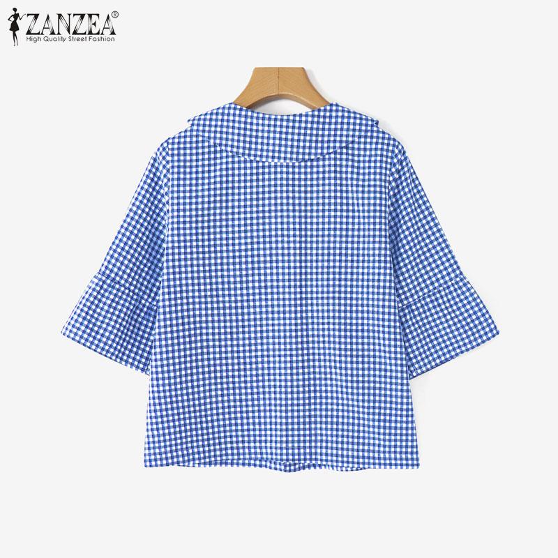 ZANZEA Camicia Casual Estiva da Donna con Colletto a Bambola e Maniche a 3/4 a Quadri