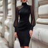 Women's European American Style Mesh Patchwork Dress High Neck Lantern Sleeve Bodycon Hip Wrap Evening Party Dinner Gown