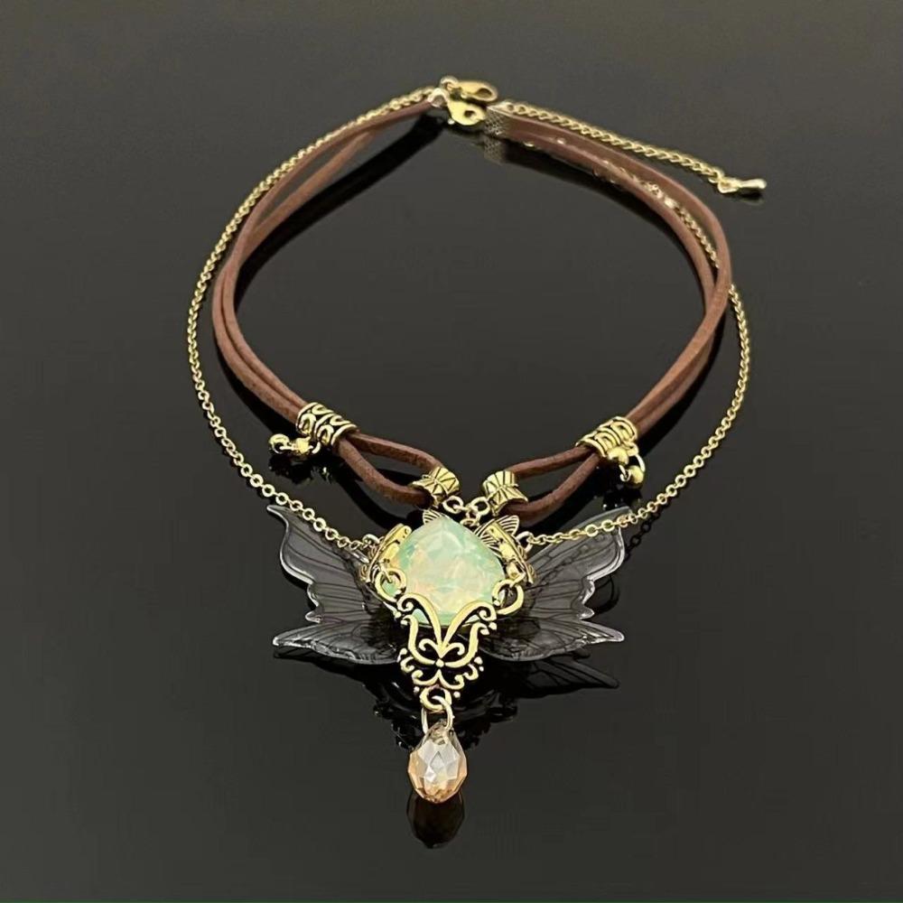 Vintage Rhinestone Wings Necklace Double Layer Clavicle Chain Sweet Butterfly Stacking Choker Gift