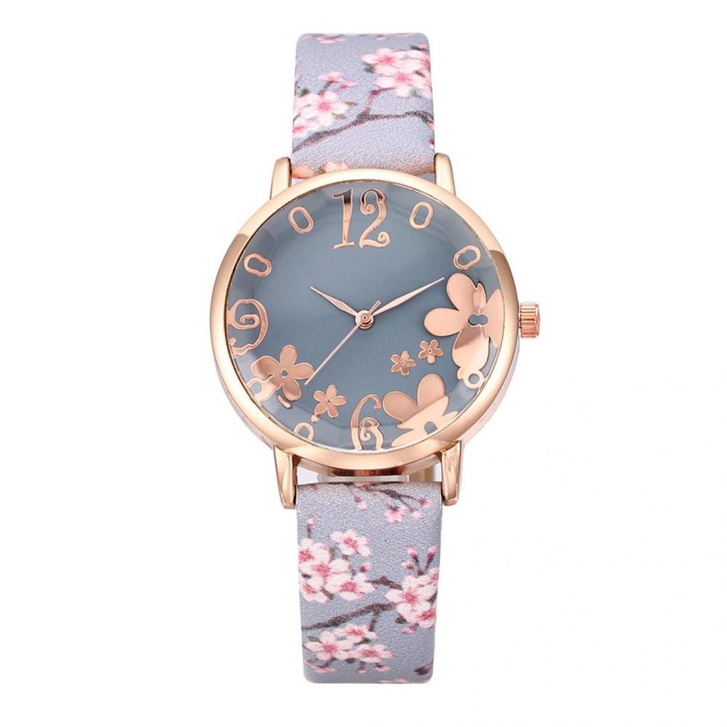 Orologio al quarzo da donna con cinturino in pelle analogico con quadrante rotondo floreale creativo