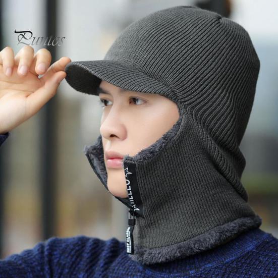 Outdoor Hat Thermal Zipper Opening Fleece Lining Knitting 2 In 1 Men Sport Solid Color Neck Guard Cap for Knitted