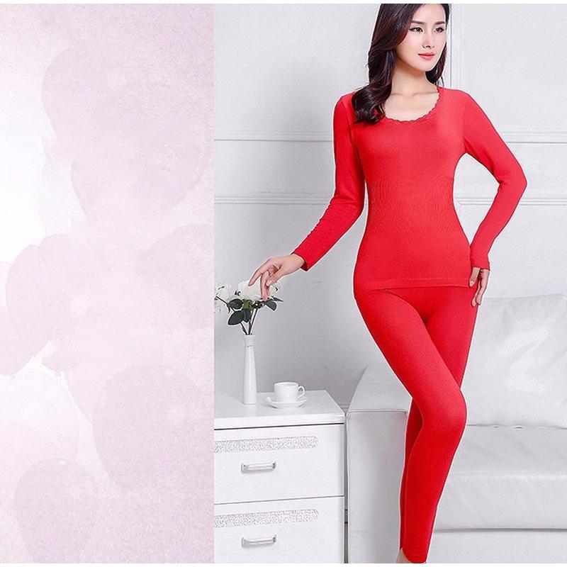 Sexy Women Underwear Thermal Sets High Neck Long Sleeve Top and Elastic Waist Bottom Comfortable Suit
