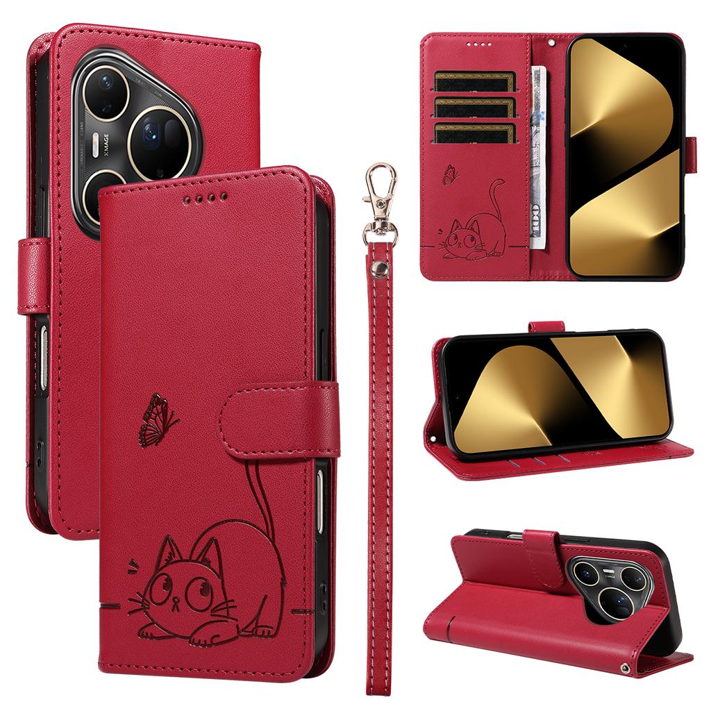 Husă pentru Huawei Pura 80 Ultra, Model Pisică, Imprimeu Piele, Husă Telefon cu Curea de Mână