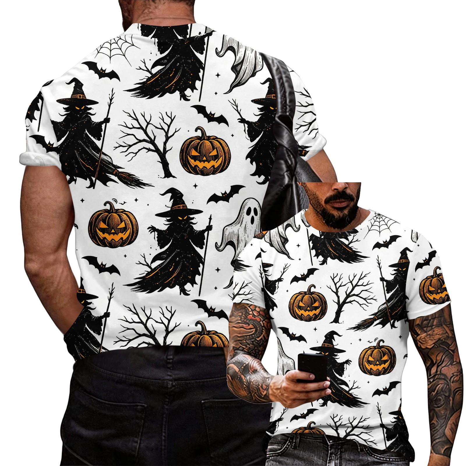 Men s Halloween Graphic T Shirt Loose Fit Casual Short Sleeve Tee Witch Pumpkin Bat Tree Print Top for Seasonal Wear XXXXL