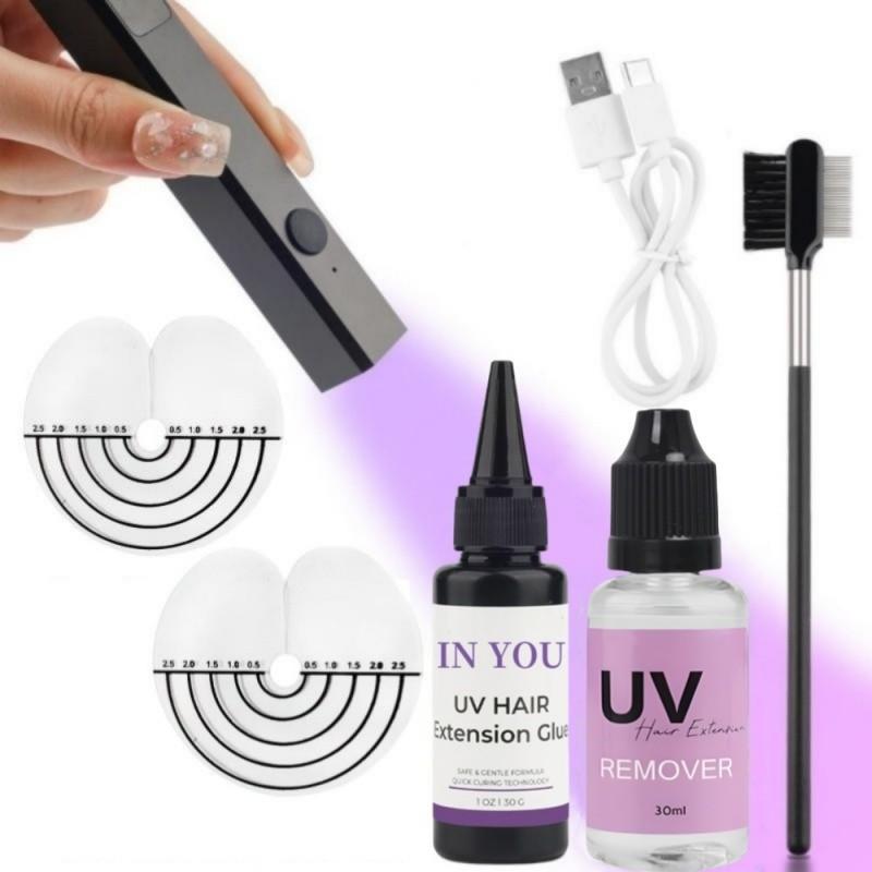 

UV Hair Extension Kit: 30g Glue + Lamp & Remover,Quick Damage-Free Invisible Bonds,Safe Home & Salon Use with Comb A set