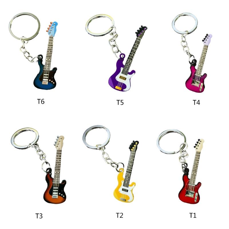 Metal Color Stainless Steel Guitar Car Keychain Small Fresh Novel Round Buckle Accessories Student Bag Pendant Decor