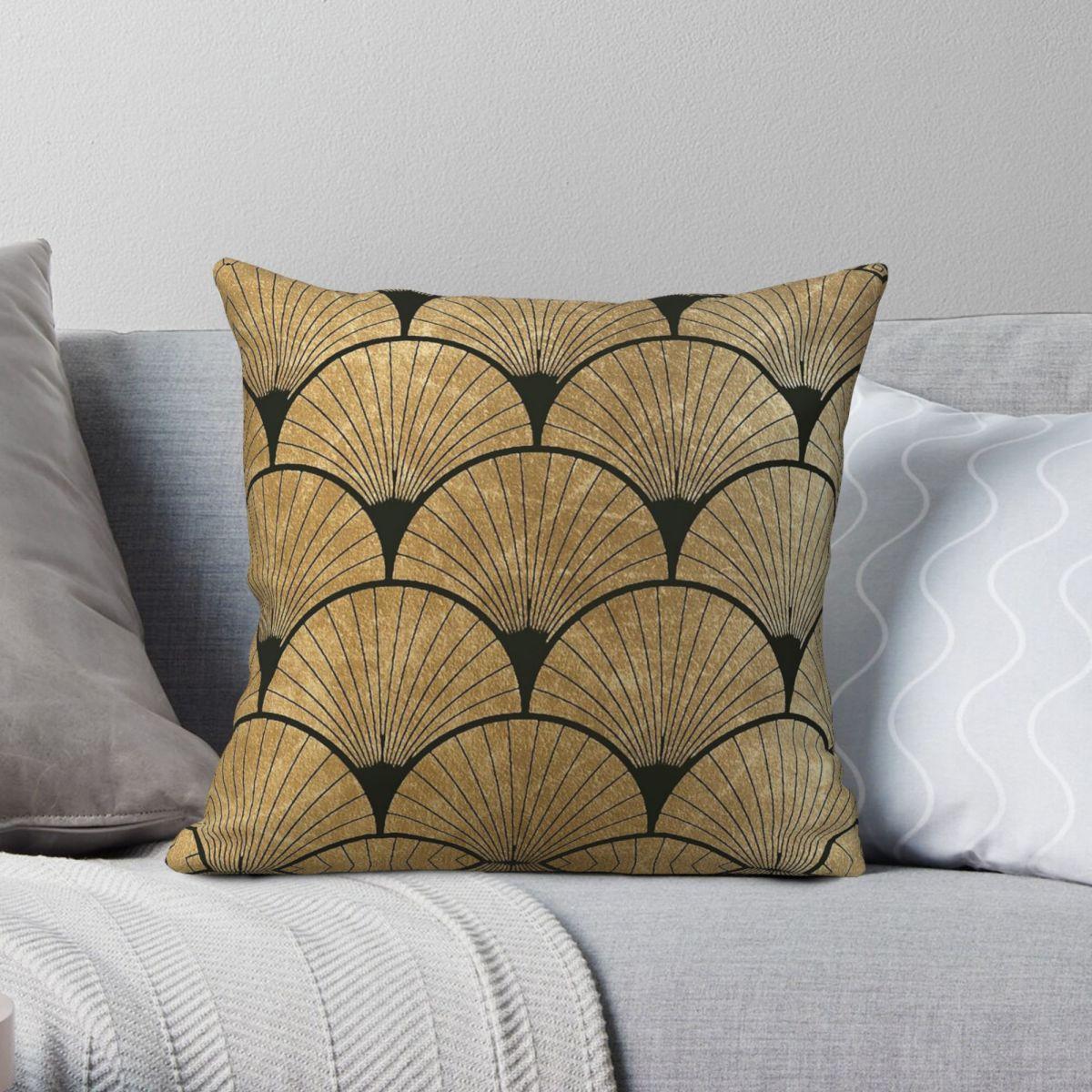 Green Harvest Unisex Golden Art Deco Elegance Fan Pillowcase Polyester Linen Velvet Printed Zip Decorative Pillow Case Room Cushion Cover