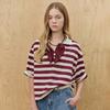 Frill Collar Flower BuTTon STripe T shirT ze08qT400na