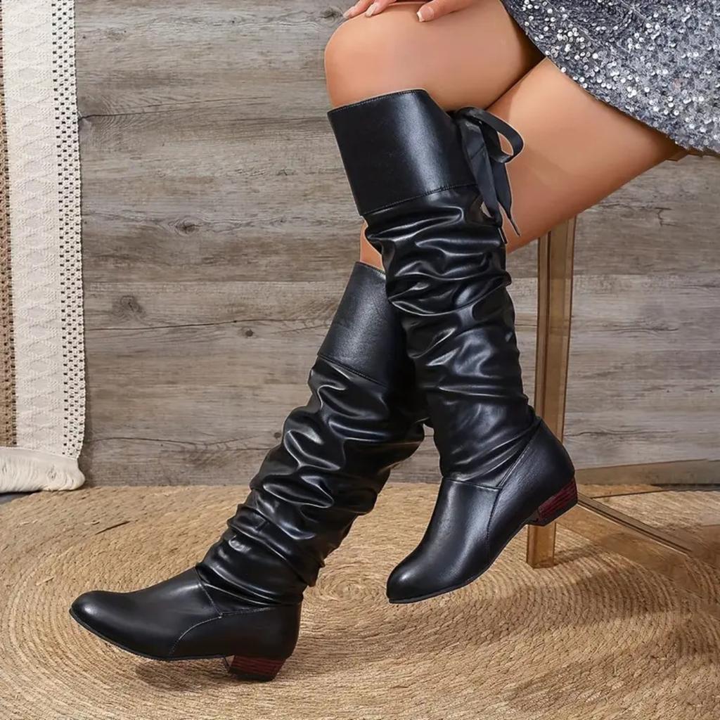 Long Boots, Square Heel, Pleated, High Top, Bow Tie, Knight Boots, Plus Size, Lace Up, Women's Boots