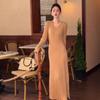 Temperament long dress autumn and winter new super good-looking and thin bottom with long-sleeved v-neck knitted dress