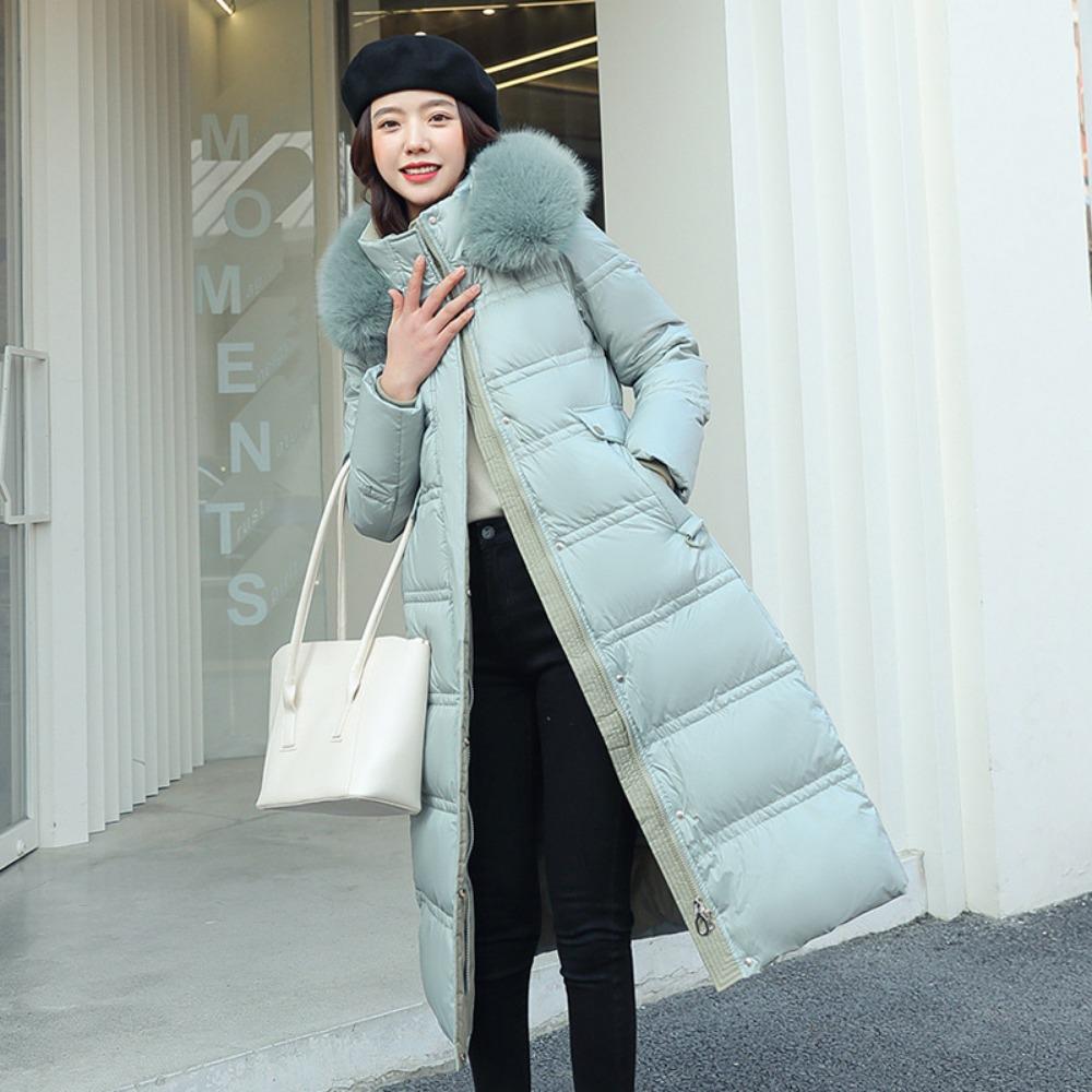 Winter new down cotton clothes women's long over-knee big fur collar Korean version slim and thin belt coat cotton