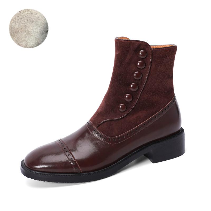 

Модные женские ботинки с квадратным носком, зимние, с заклепками, пряжкой, на молнии, броги, ретро, короткие ботинки, толстый каблук, ботильоны, модная обувь из флока для женщин 38