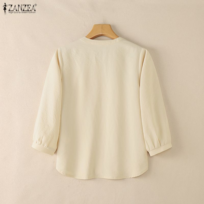 ZANZEA Women Casual V-Neck Solid Color Loose 3/4 Sleeve Blouse