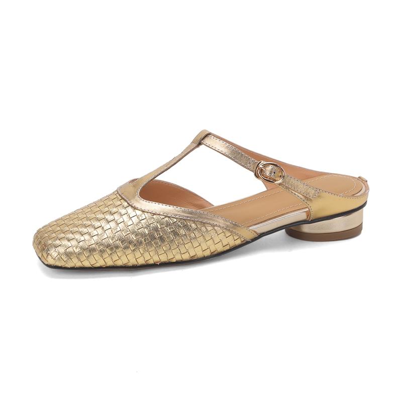 Fashion Women's New Spring/Summer Square Headed Elastic Belt with Genuine Cowhide Square Plaid Low Heel Large Headed Muller Slippers