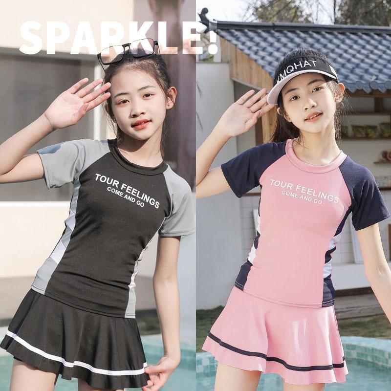 Costume da Bagno Sportivo per Ragazza Imbottito Diviso Manica Corta Protezione UV per Attività Acquatiche