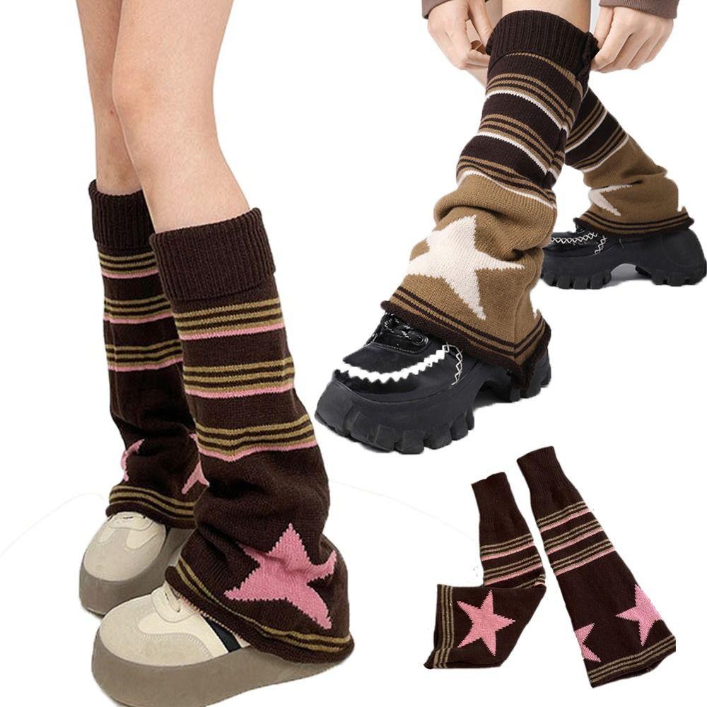 Pink Brown Star Leg Warmers Knitted Gothic Y2K Stockings  Hot Girl Accessories