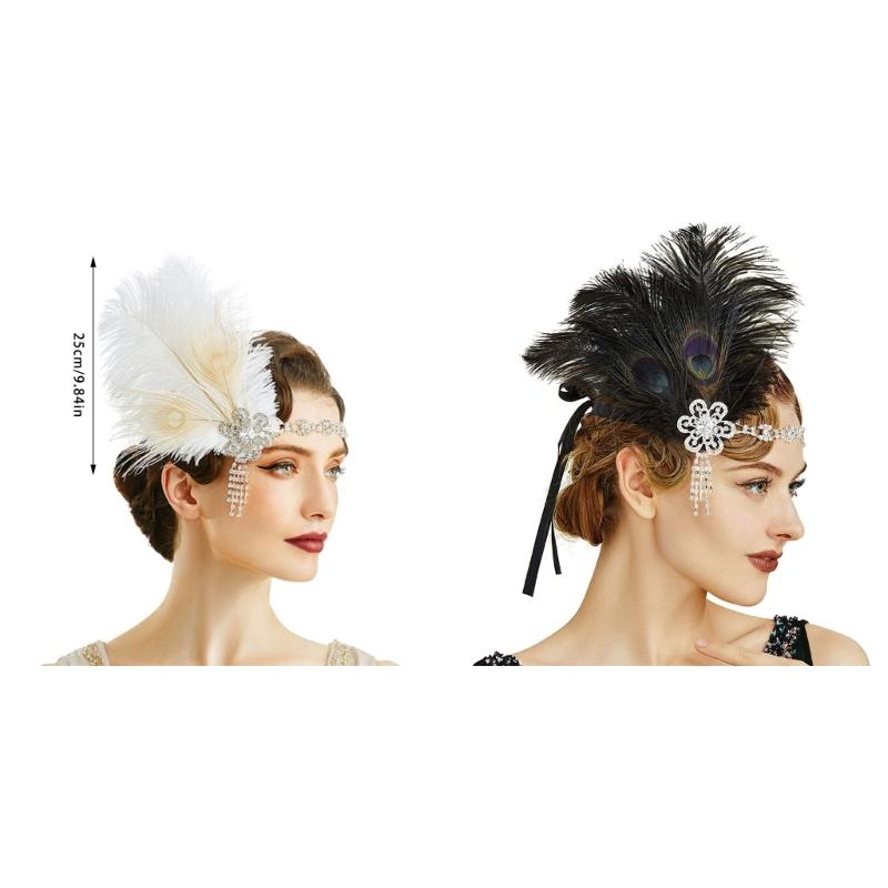 1920s Fashion Feather Hair Band Metal Base Rhinestones Hair Decoration for Durability Perfect for Masquerades Balls