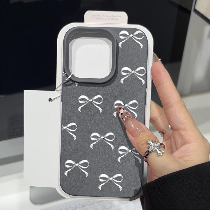 Bowknot Pattern TPU Leather Texture Phone Case For iPhone 16 Pro Max 15 Pro 14 13 12 11 Solid Color Matte Shockproof Slim Soft Bumper Cover