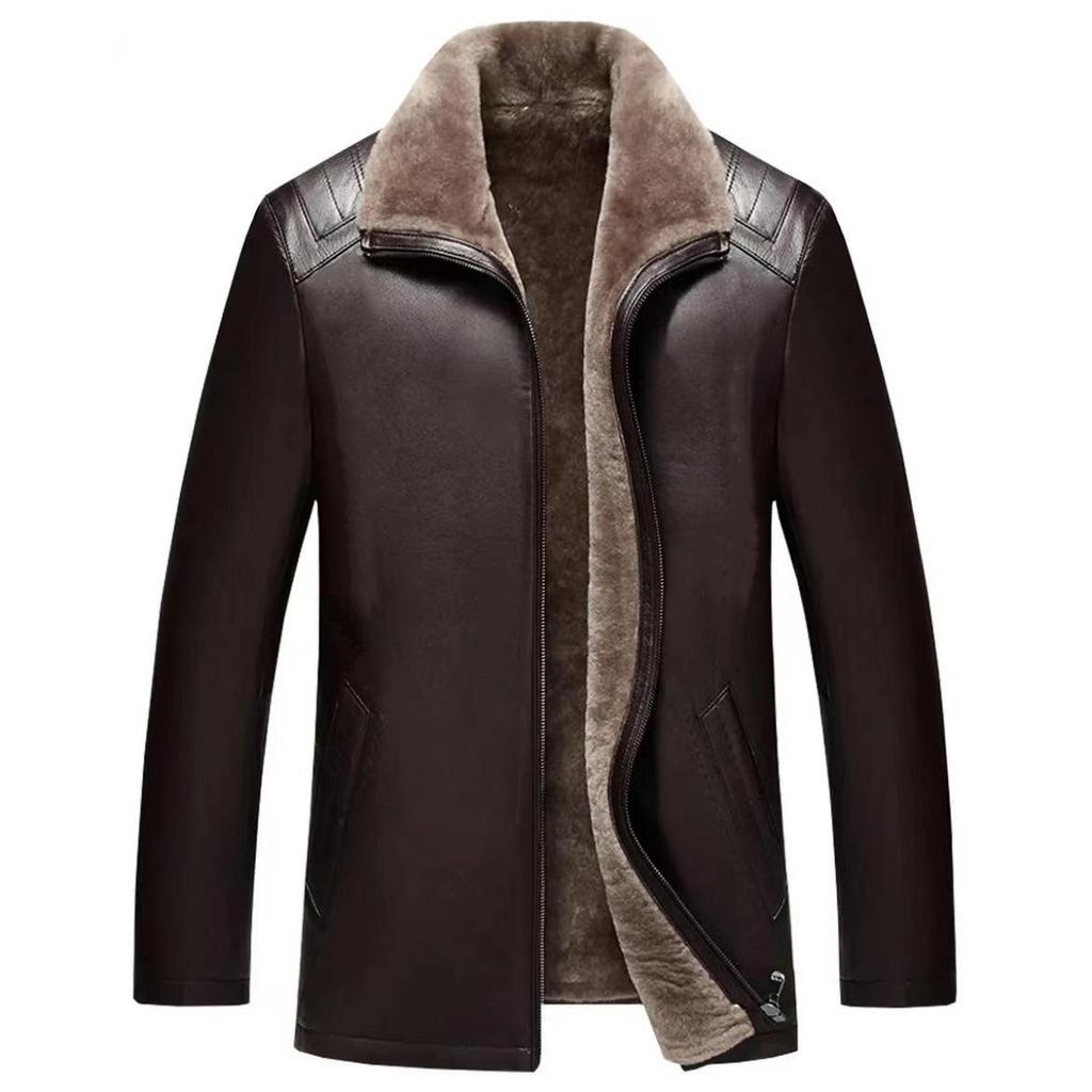 Autumn New Fur One-piece Retro Men's Leather Jacket Leather Jacket Dad Casual Velvet Thickened Jacket Trendy Brand Men