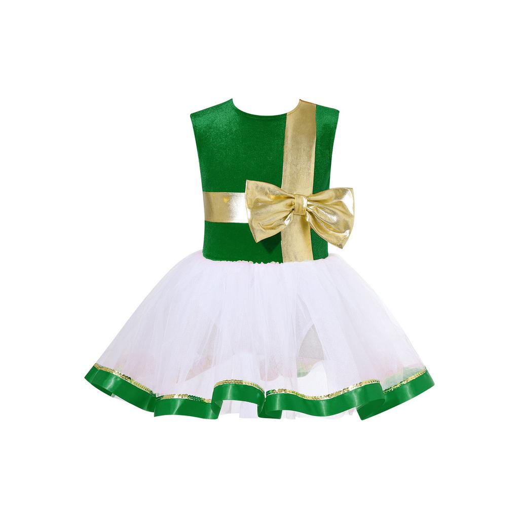 Jenters julekjole for dans Ermeløs Nøkkelhull i ryggen Patchwork Sløyfe Paljettdesign Leotard Festkostyme Julemanntema