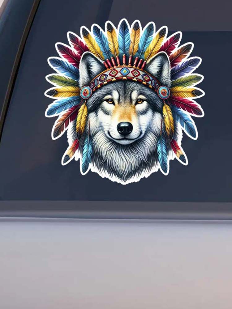Adesivo per Auto Lupo con Copricapo Indiano Arte Tribale Lupo Arte Nativo Americano Vinile Impermeabile Esterno Paraurti Finestrino Laptop Y194