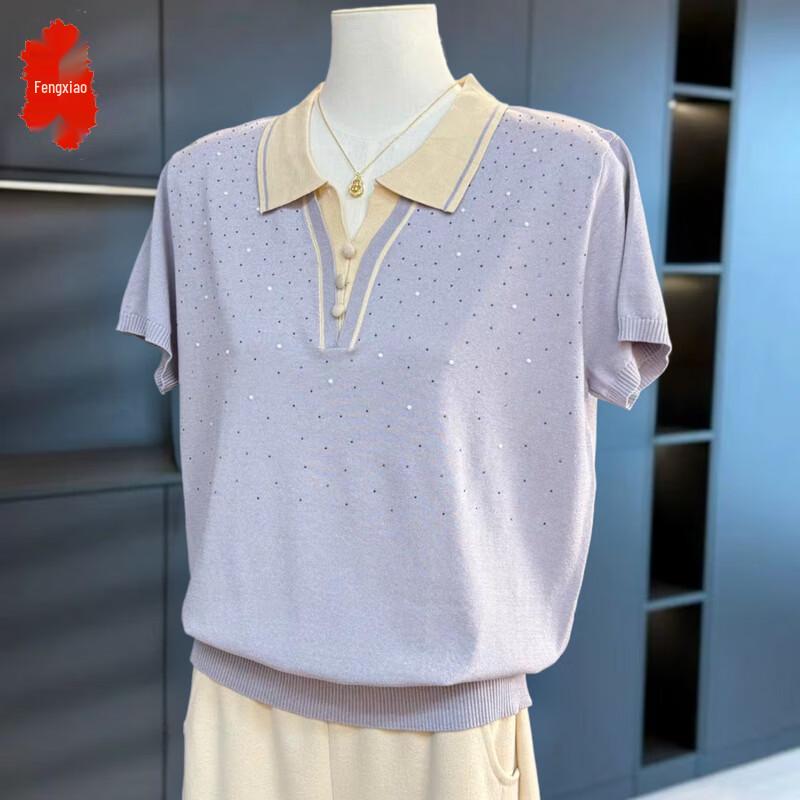 Fashionable Mom s Short Sleeve Knit Polo Shirt 4XL фиолетовый