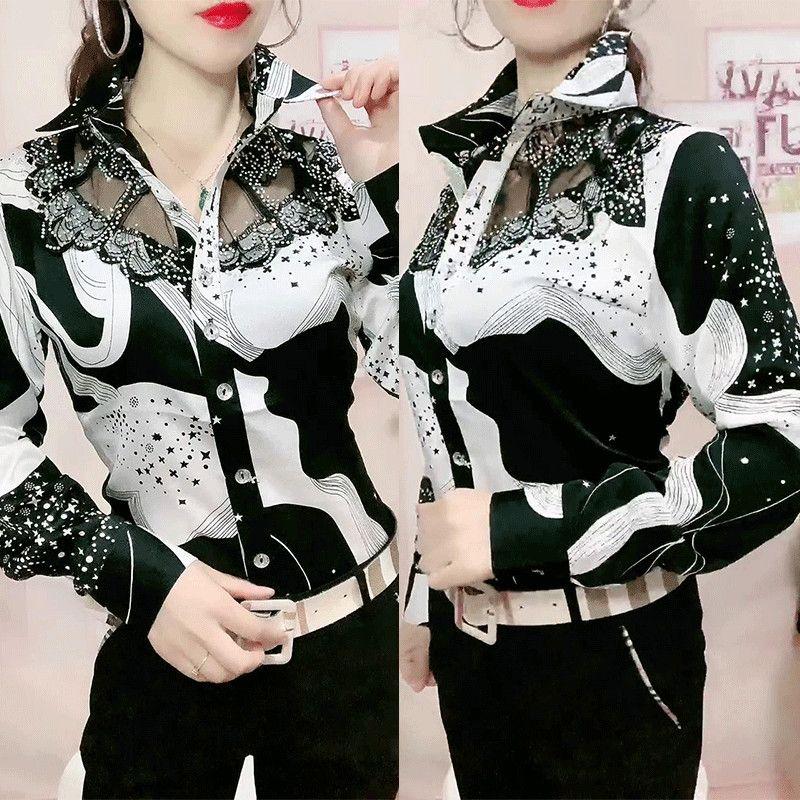 

Новая женская свободная рубашка для женщин Корейская весенне-осенняя темпераментная кружевная шифоновая блузка с длинным рукавом Костюм для мамы L чёрный/белый