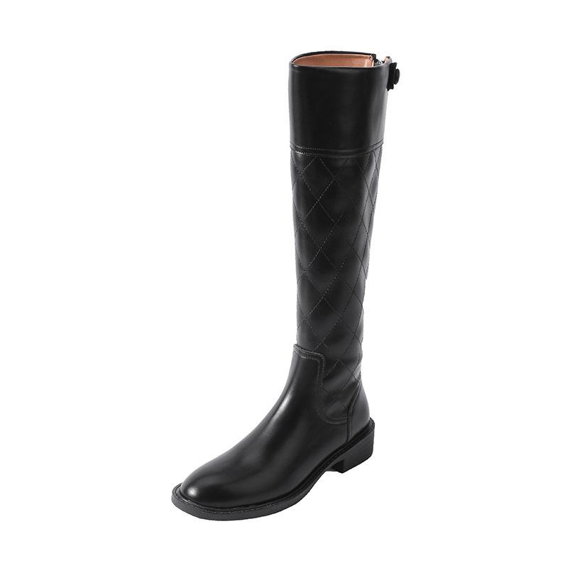 Cowhide Version Rhombus Pattern Round Head High Tube Thick Heel Knight Boots Women But Knee Thin Flat Bottom Boots Women