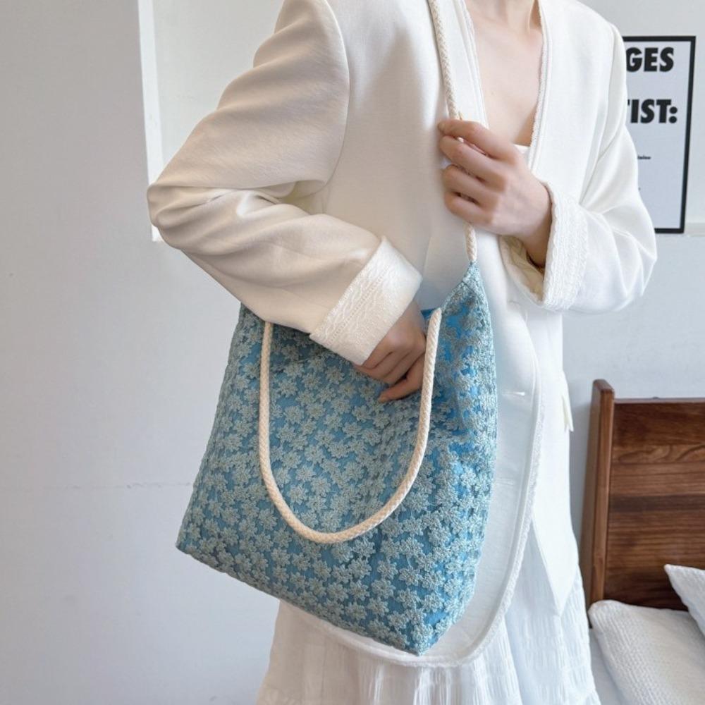 Solid Color Flower Tote Bag Large Capacity Cloth Shoulder Bag Portable Underarm Bag Daily