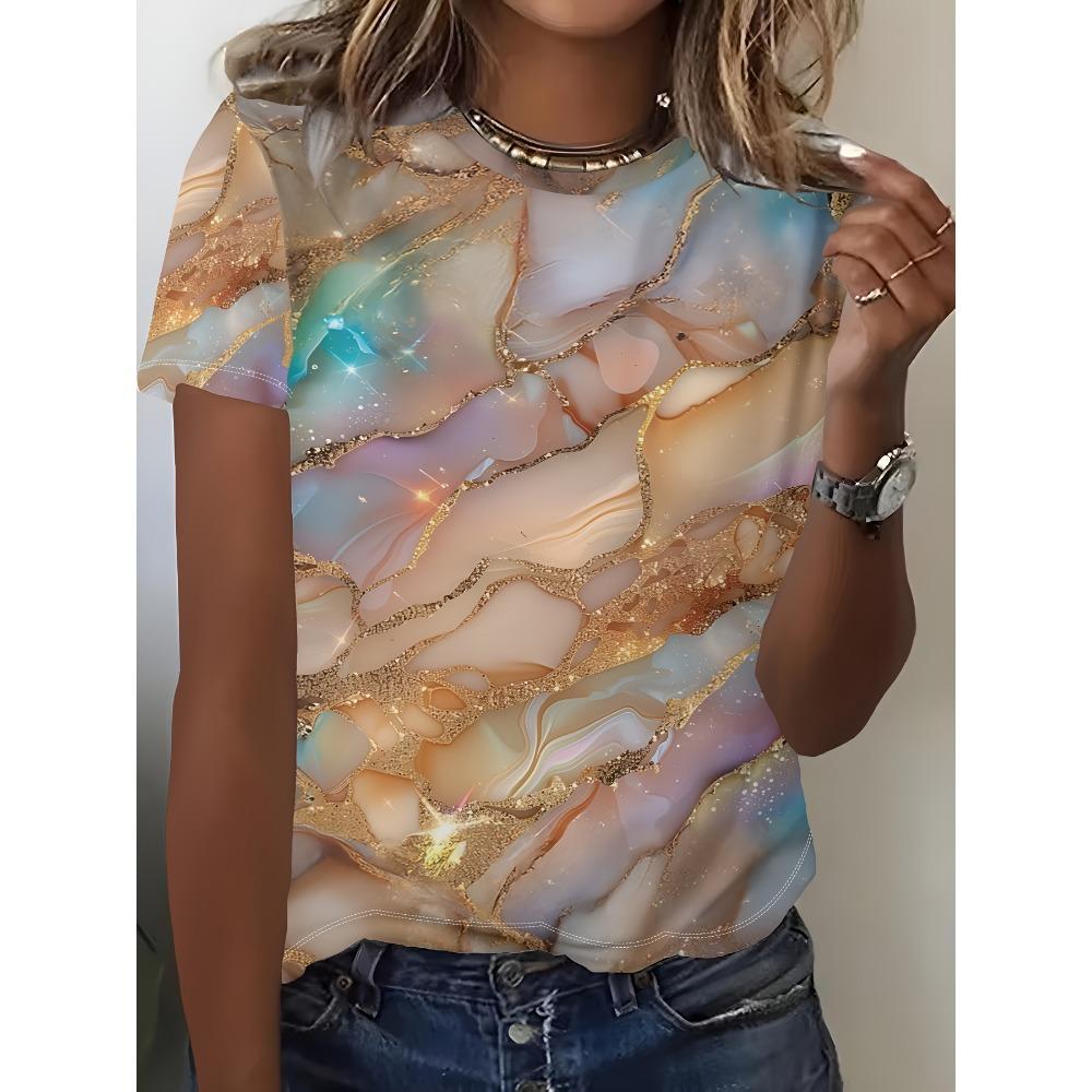 

Ladies Marble Gradient Pattern Round Neck Short Sleeve T-shirt 5XL