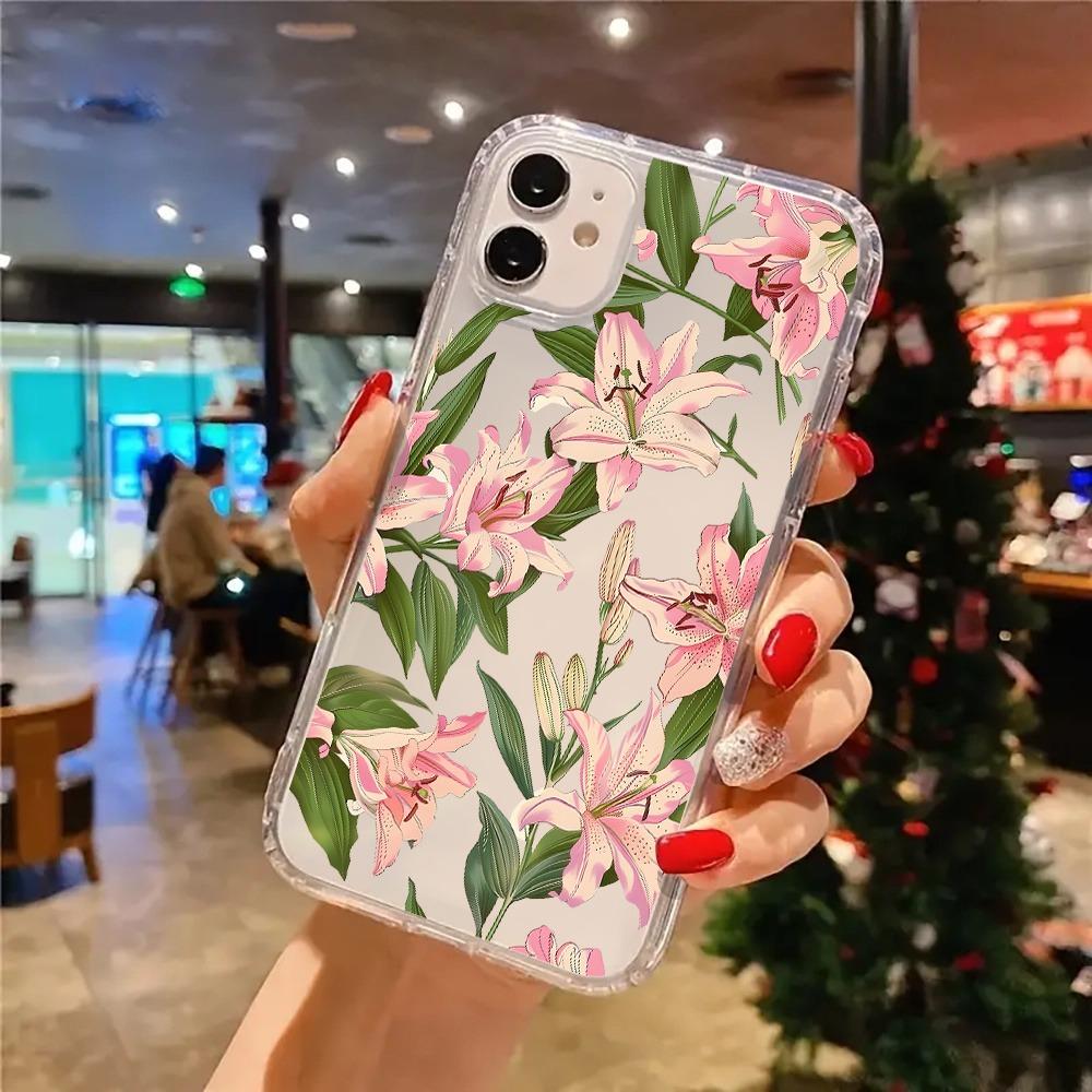 Transparent Pink Lily Flowers Phone Case For IPhone 16 11 12 13 14 15 17 Pro Max 16e 17e Plus Fashion Funda Durable Shell Cover