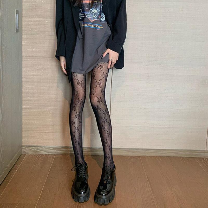 Japanese Goth Floral Rattan Fishnet Classic Tights Women Sexy Black White Lolita Hollowed Lace Mesh Stockings Bottomed Pantyhose